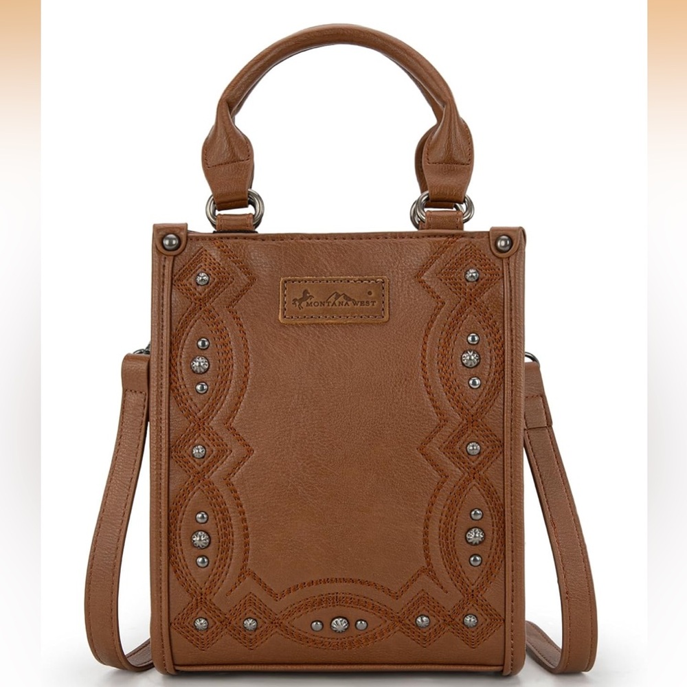 Western Brown Embroidered Crossbody Bag with rivet details - Picture 1 of 6
